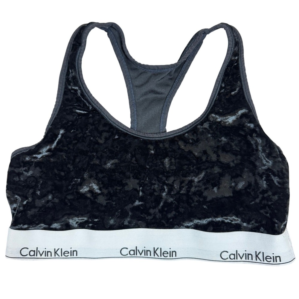 Calvin Klein Black Crushed Velvet Racerback Bralette Logo Band Large L